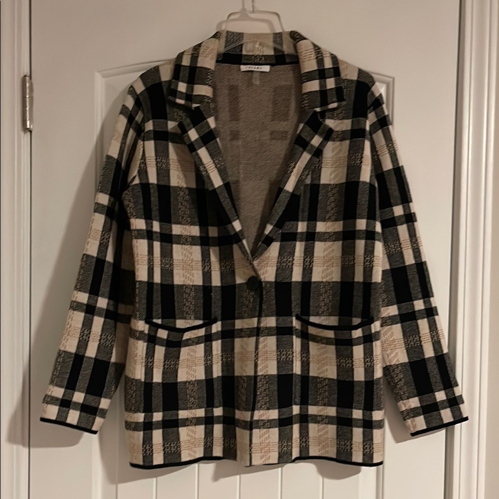 Sioni Black Beige Cream Plaid Windowpane Single-Button Blazer Jacket Cardigan, L